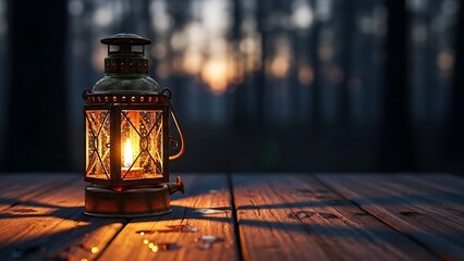 Rustic Lantern Glow on Wooden Table at Dusk