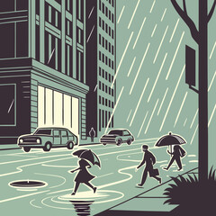 People walking in the rain with umbrellas on city street  