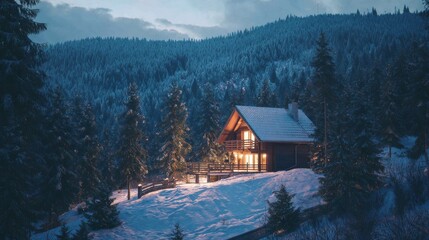 scenic wooden cottage surrounded by snowcovered mountains at dusk perfect for a winter escape