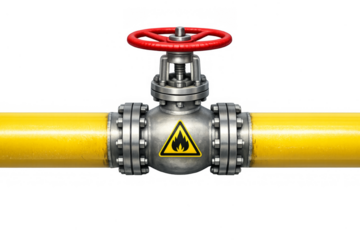 Yellow gas pipe with valve and flammable warning