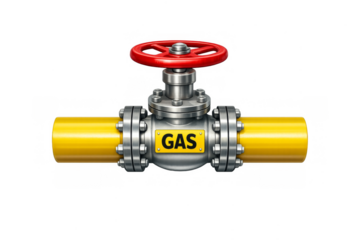 Gas pipeline valve with red wheel on transparent background