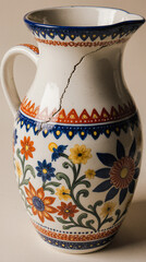 A vertical close-up of a hand-painted milk churn (горличик) with intricate floral patterns in vibrant reds, blues, and yellows. The smooth ceramic surface reflects soft studio lighting, emphasizing th