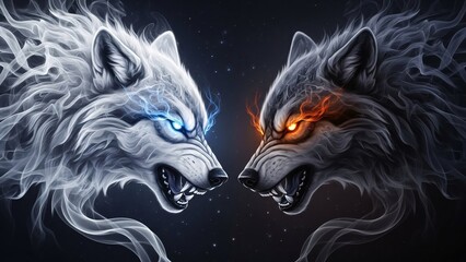 Fierce confrontation between two wolves with glowing eyes