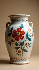 A vertical close-up of a hand-painted milk churn (горличик) with intricate floral patterns in vibrant reds, blues, and yellows. The smooth ceramic surface reflects soft studio lighting, emphasizing th