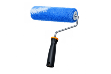 Blue paint roller with white paint, transparent background