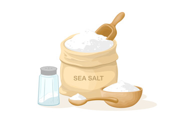 Salt powder and crystals set, Sea salt in sack package, Salt in wooden spoon or bowl and glass bottle, Salty ingredients seasoning with sodium iodine, Mineral salt used for spa massages and scrubs.