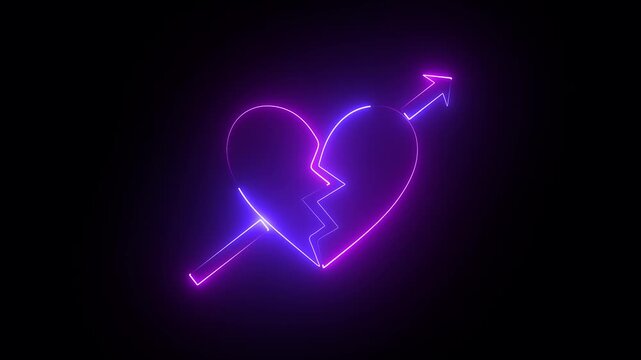 Neon broken heart and arrow symbol. 