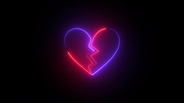 Neon broken heart. Illustration of a bright neon glowing broken heart icon, with a vibrant lightning split, symbolizing intense emotional pain and a strong love crisis, 4k video.
