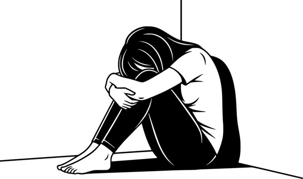 Illustration of a sad and lonely woman sitting alone in a corner, feeling down and isolated