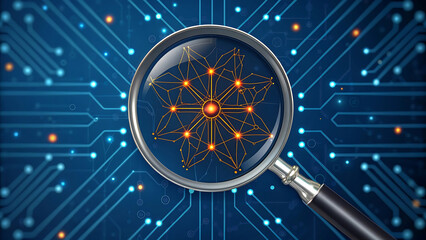 A magnifying glass reveals a network of glowing connections on a circuit board background