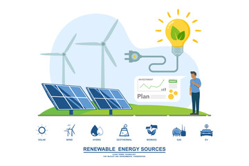Environmental care and use clean green energy from renewable sources and low carbon concept, Wind power generators or turbine farm and solar cells panels, Power generation industrial investment plan.