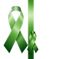 Green awareness ribbon tied on a long green satin ribbon isolated on transparent background