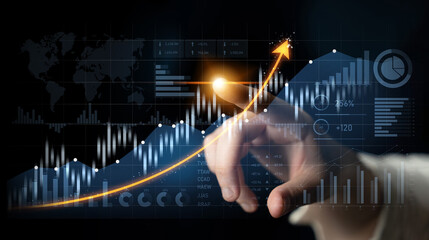 A businessman analyzes digital stock market trends with a hand interacting with graphs and data visuals, symbolizing financial growth and strategic insights. Scalp