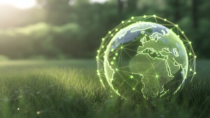 Digital Globe of Earth glowing with green network connections in lush green grass with soft sunlight.