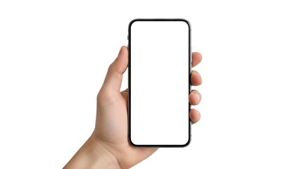 A hand holding a smartphone with a blank screen on transparent background