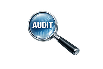 Magnifying glass showing audit word with financial graphs