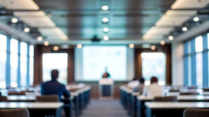 A blurred view of a business presentation in a modern conference room with a speaker at the podium