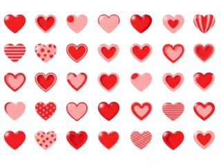 Multiple red and pink heart shapes in various designs on isolated transparent background for love and valentines day concepts