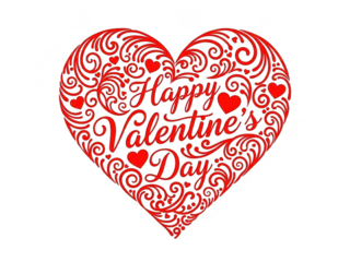 Red heart with happy valentines day text in a decorative style on transparent background
