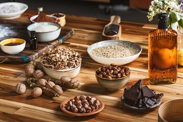 Ingredients for cozonac are beautifully arranged on a wooden table, showcasing nuts, chocolate, and...