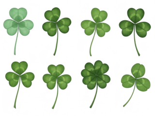Set of green clover leaves isolated on transparent background