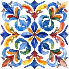 Colorful watercolor floral tile design with blue and yellow tones in a square layout