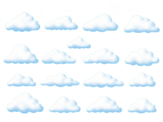 Collection of white fluffy clouds isolated on transparent background