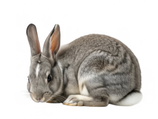 Cute gray rabbit sitting on transparent background looking curious and alert