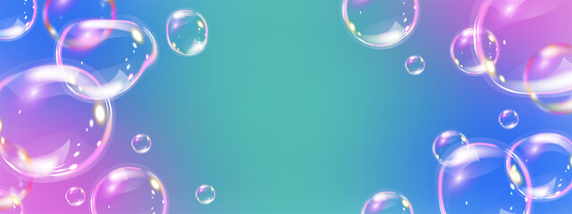 Transparent rainbow liquid bubbles background. Cosmetic oil, collagen, essence. Skincare product concept. Cosmetics solution. Realistic vector illustration