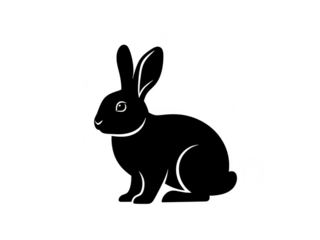 Black silhouette of a rabbit sitting on transparent background with long ears