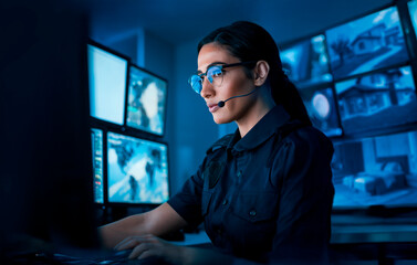 Addetto alla sorveglianza controlla i monitor, concetto di sicurezza