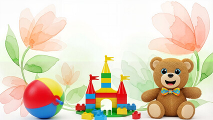 Obraz premium Teddy bear enthusiastically builds a castle of cubes on a background of blooming watercolor flowers, a children's illustration with a space to copy, ideal for a Child's Day or a children's holiday