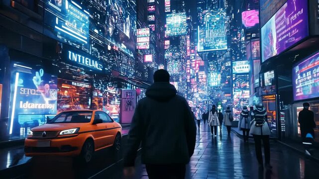 A man walks down a futuristic city street at night, illuminated by neon signs and digital screens.