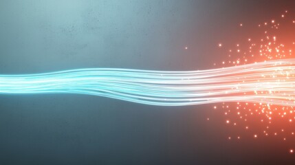 Optic Fiber optic cables glowing with blue and red lights, symbolizing high speed internet connectivity.
