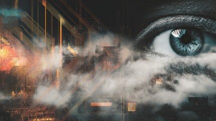 a futuristic cityscape with swirling mist a closeup of a mysterious eye and vibrant geometric shapes capturing the essence of digital exploration urban mystique and modern surveillanceperfect for edg