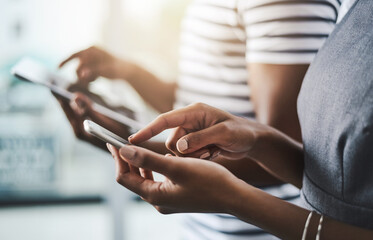 Business people, hiring and hands with tech in waiting room for networking, social media or communication. Candidate, group and row with phone, tablet and recruitment app for resume or HR interview