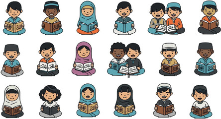 Diverse group of cartoon children from various cultures sitting and reading books, symbolizing education, knowledge, and cultural understanding in a cheerful and inclusive learning environment