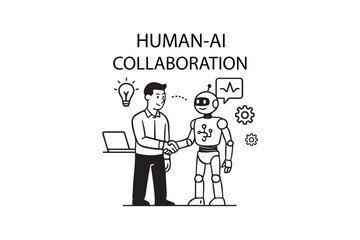 Human AI collaboration on white background.