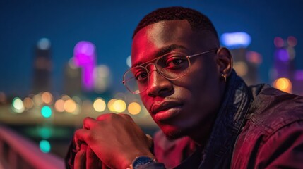 a fashionable man in glasses striking a pose against a cityscape backdrop illuminated by colorful lights capturing the essence of contemporary city living after dark