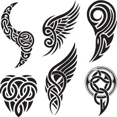 Tribal Tattoo Silhouette Set &ndash; Comma-Inspired Black Ink Designs with Swirls, Knots & Feathers