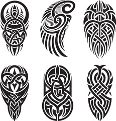 Tribal Tattoo Silhouette Set &ndash; Comma-Inspired Black Ink Designs with Swirls, Knots & Feathers