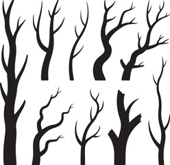 Tree Branch Silhouettes Clipart &ndash; Black Leafless Branches in Artistic Frame Layout on White Background
