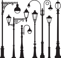 Lantern Silhouettes Clipart &ndash; Black Vector Set of Vintage Street Lamps and Hanging Lights