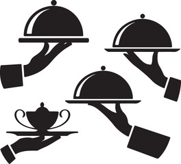 Serving Tray Hands Clipart &ndash; Black Silhouettes of Hospitality Gestures with Flat and Covered Trays