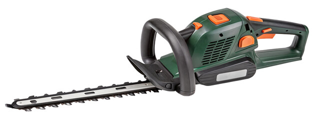 Electric hedge trimmer with orange accents on a transparent background