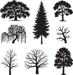 Tree Silhouettes Clipart &ndash; Black Vector Set of Nine Distinct Tree Shapes and Branching Styles