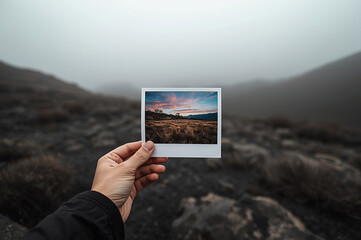Human hand holding instant photo with warm sunset landscape against blurred foggy mountains. Concept of memories, travel, nostalgia, contrast between past and present moments.
