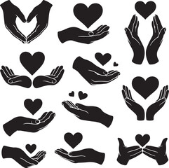 Love Hands Clipart &ndash; Black Silhouettes of Heart Gestures and Romantic Hand Poses in Grid Layout