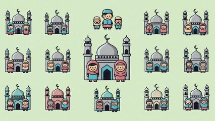 A heartwarming collection of diverse cartoon mosques and Muslim families, embodying unity, faith, and celebration for Islamic holidays and cultural events