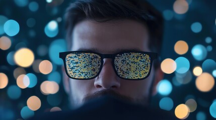 Desktop Programmer working on multiple monitors displaying high tech code.